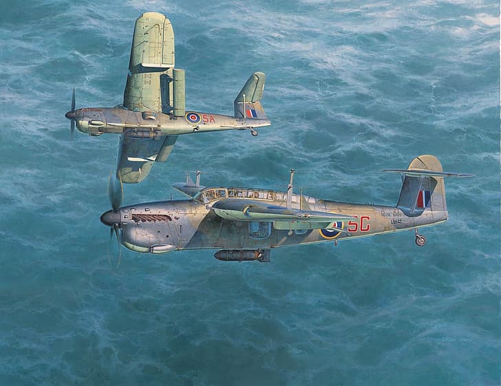 World War II, war, airplane, aircraft, world war, Boxart, painting, artwork, air force, Fairey Barracuda, Royal Navy, HD wallpaper