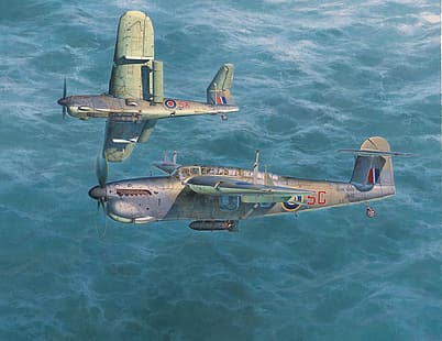  World War II, war, airplane, aircraft, world war, Boxart, painting, artwork, air force, Fairey Barracuda, Royal Navy, HD wallpaper HD wallpaper