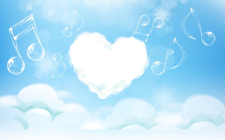 heart-shaped white clouds with musical notes digital wallpaper, heart, melody, music, light, HD wallpaper
