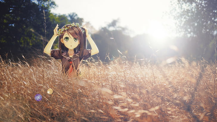 Kantoku, grass, sun rays, anime girls, schoolgirl, HD wallpaper