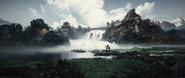 Ghost of Tsushima, videospel, videospelkonst, digital konst, häst, vattenfall, slott, ultravid, ultrabred, HD tapet