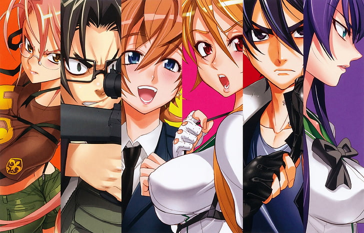 anime, Highschool of the Dead, Kouta Hirano, Komuro Takashi, Miyamoto Rei, Busujima Saeko, Takagi Saya, HD wallpaper