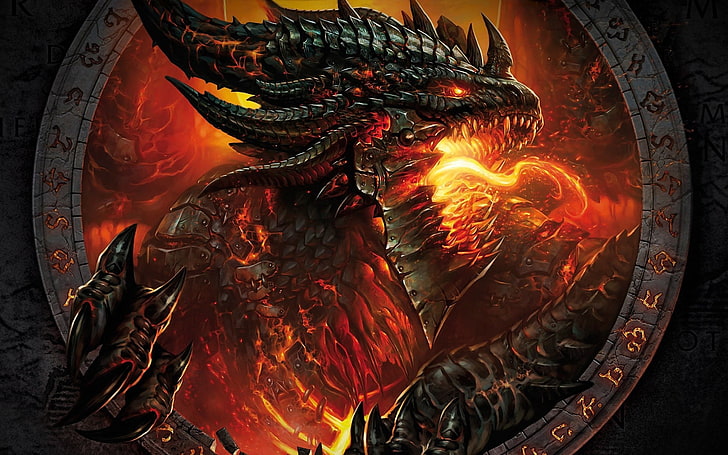 fire dragon art, world of warcraft, face, fire, hands, monster, HD wallpaper