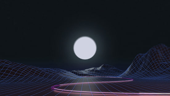 ilustracja księżyca w pełni, vaporwave, wireframe, synthwave, Retrowave, grid, góry, Tapety HD HD wallpaper