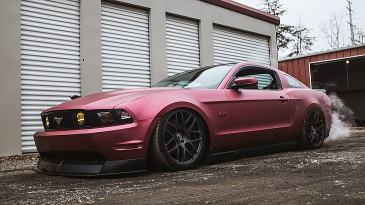 matte red Ford Mustang 5.0 coupe, Ford Mustang, muscle cars, blue, red, lowrider, tuning, car, Ford, red cars, vehicle, HD wallpaper