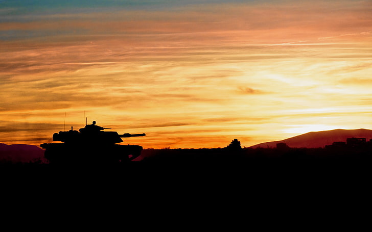 czołg bojowy, czołg, M1 Abrams, wojsko, sylwetka, zachód słońca, Tapety HD