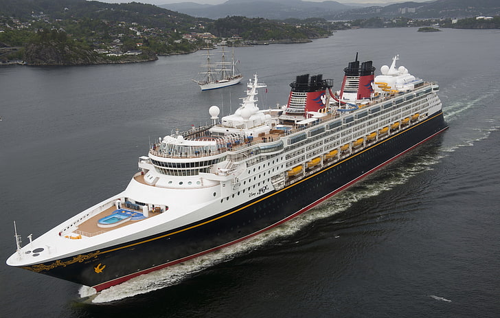 sea, sailboat, Norway, liner, cruise, North Sea, Bergen, Mountains, Disney Magic, HD wallpaper
