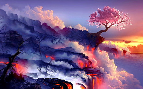 papel tapiz rosado del árbol de sakura, puesta de sol, arte de fantasía, lava, árboles, obras de arte, naturaleza, Fightstar, manipulación de fotos, Fondo de pantalla HD HD wallpaper