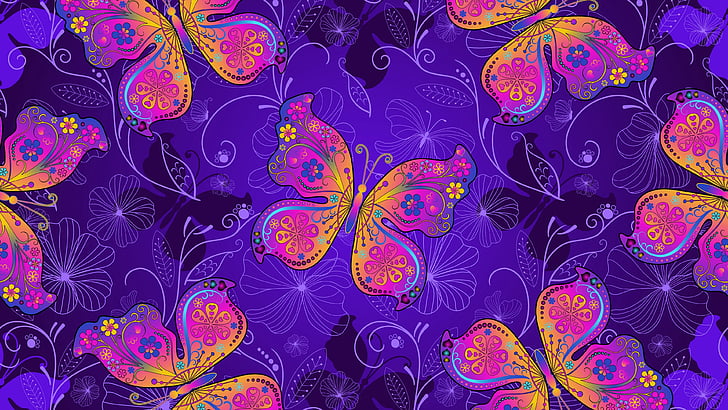 butterfly, abstract art, colorful, multicolor, purple, violet, pattern, design, art, psychedelic art, graphics, HD wallpaper