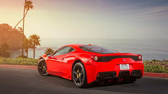 червено Ferrari 458 Italia купе, Ferrari, червени автомобили, палми, кола, превозно средство, HD тапет HD wallpaper