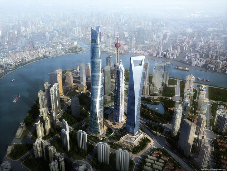 Torres de Shanghai, edifícios altos de concreto, paisagens urbanas, Shanghai, torres de shanghai Papéis de Parede, HD papel de parede