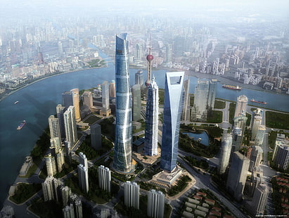 Torri di Shanghai, grattacieli di cemento, paesaggi urbani, Shanghai, sfondi di torri di Shanghai, Sfondo HD HD wallpaper