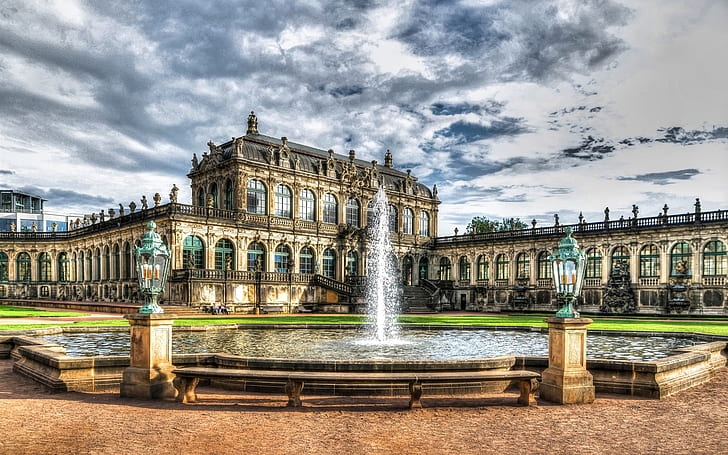Palazzo Zwinger, Dresda, Germania, case, fontana, nuvole, Palazzo Zwinger, Dresda, Germania, case, fontana, nuvole, Sfondo HD