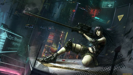 Futurystyczny, cyberpunk, dziewczyna, pistolet, miasto, kobieta z ilustracją karabinu snajperskiego, futurystyczny, cyberpunk, dziewczyna, pistolet, miasto, Tapety HD HD wallpaper