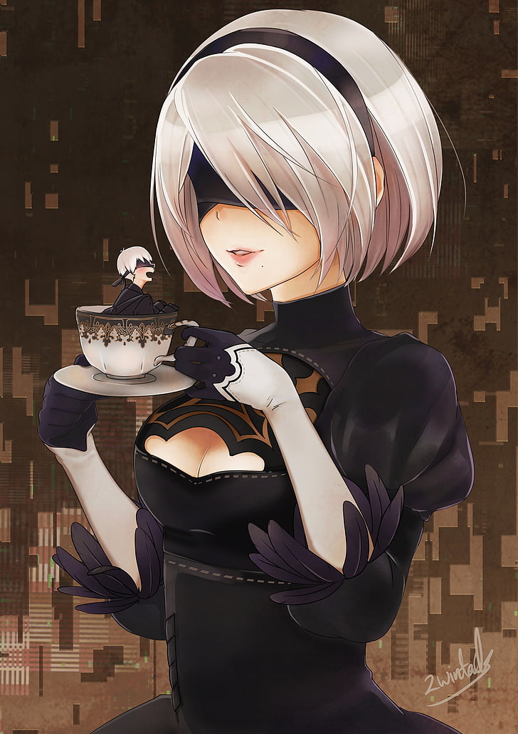 female anime character illustration, anime, anime girls, Nier: Automata, 2B (Nier: Automata), 9S (Nier: Automata), cup, blindfold, gloves, short hair, white hair, cleavage, NieR, HD wallpaper
