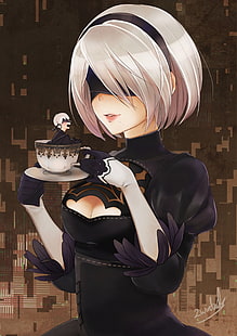 female anime character illustration, anime, anime girls, Nier: Automata, 2B (Nier: Automata), 9S (Nier: Automata), cup, blindfold, gloves, short hair, white hair, cleavage, NieR, HD wallpaper HD wallpaper