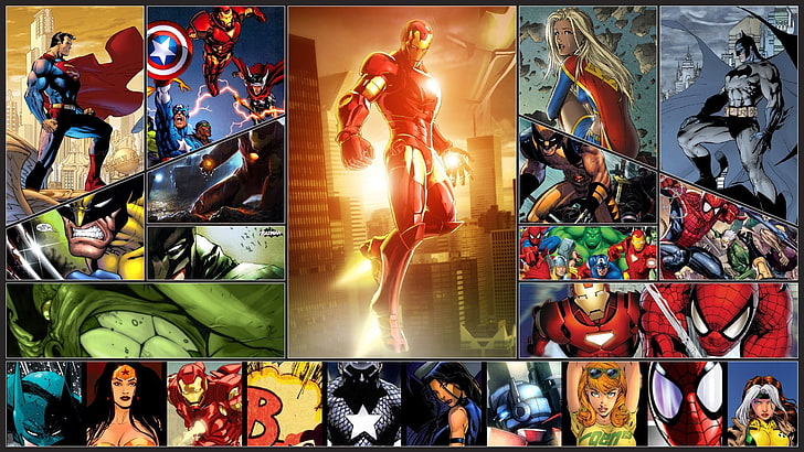 Плакат с герои на Marvel, Върколак, Спайдърмен, Капитан Америка, Тор, Железният човек, Комикси на Марвел, Супермен, Супер момиче, Батман, Чудо-жена, Измамник (персонаж), Хълк, колаж, HD тапет