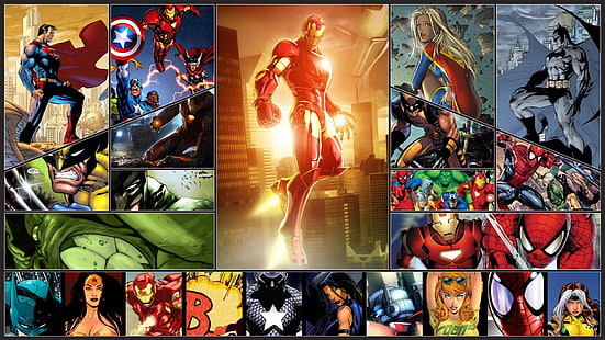 Плакат с персонажами Marvel, Росомаха, Человек-паук, Капитан Америка, Тор, Железный человек, Комиксы Marvel, Супермен, Супергерл, Бэтмен, Чудо-женщина, Разбойник (персонаж), Халк, коллаж, HD обои HD wallpaper