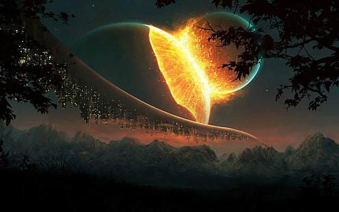 Планета Взрывы И Горы, затмение цифровые обои, 3D, Космос, планета, взрыв, HD обои HD wallpaper