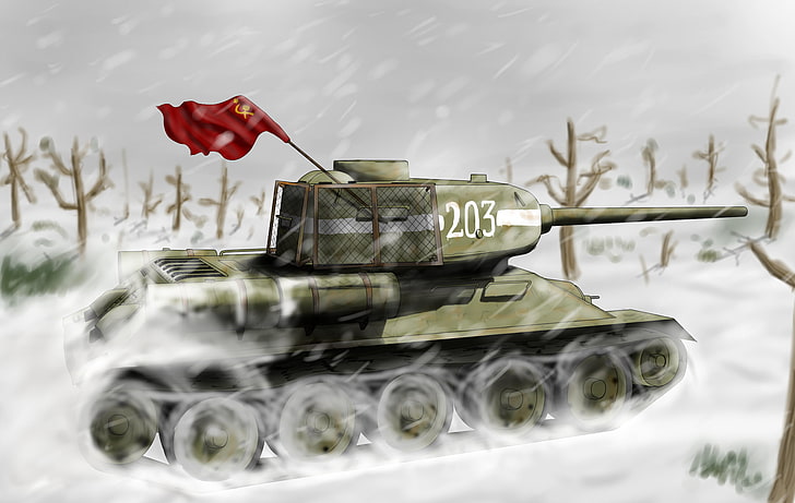 緑の戦車の壁紙、冬、雪、図、アート、タンク、ソ連、ブリザード、第二次世界大戦、バナー、ソビエト、平均、T-34-85、 HDデスクトップの壁紙