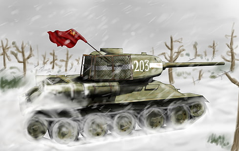 зеленый боевой танк обои, зима, снег, рисунок, арт, танк, СССР, метель, ВОВ, знамя, советский, средний, Т-34-85, HD обои HD wallpaper