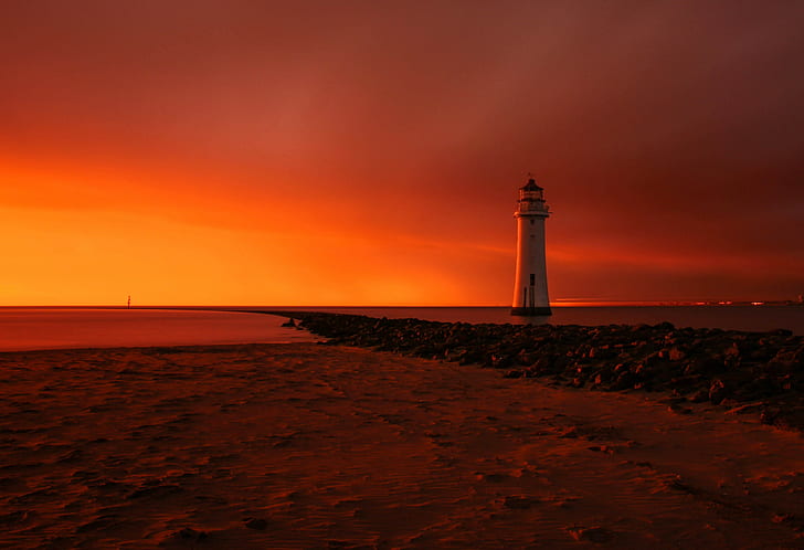 Perch Rock lighthouse, white lighthouse, beach, dawn, lighthouse, Perch Rock lighthouse, HD wallpaper