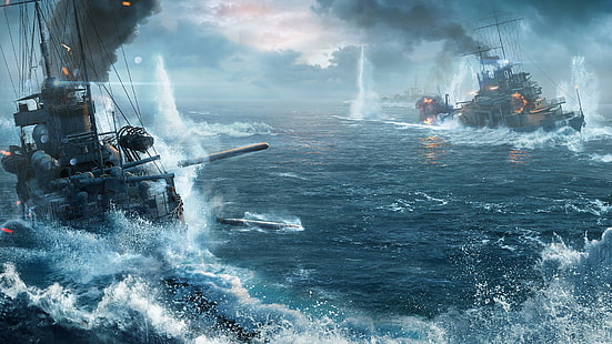 Batalla de World of Warships, videojuego de campo de batalla, World of Warships, Wargaming Net, WoWS, World Ship, WG, tiro, llama, fuego, nubes, humo, agua, cielo, barcos, barco, olas, torpedos, batalla, Fondo de pantalla HD HD wallpaper