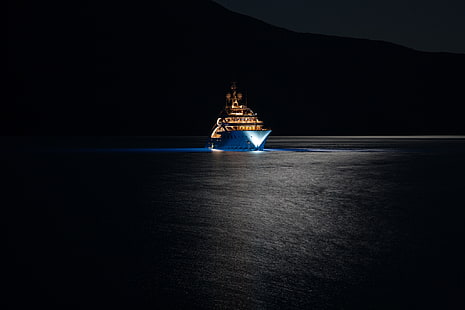 sea, night, lights, yacht, super, mega, mountains., super yacht, mega yacht, yacht ACE, HD wallpaper HD wallpaper