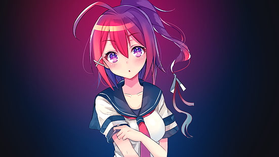 Anime, Anime Girls, Pferdeschwanz, lange Haare, Rotschopf, lila Augen, HD-Hintergrundbild HD wallpaper