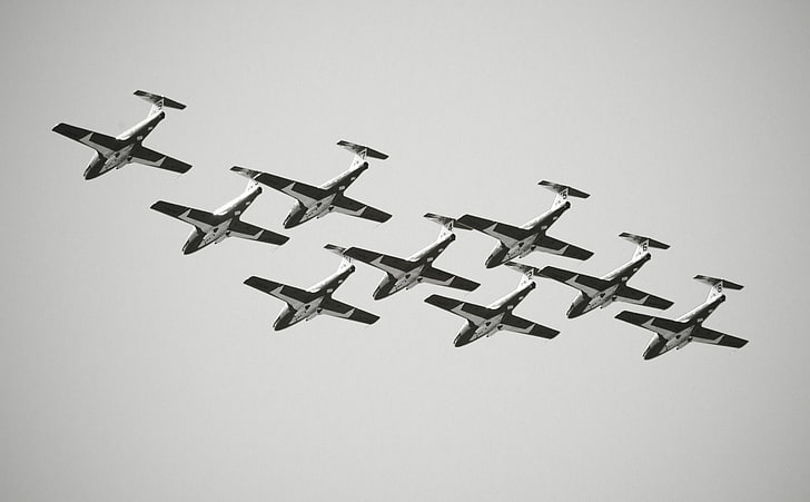 Airplanes Flight, Black and White, Flight, Formation, Planes, Toronto, 300mm, airshow, telephoto, HD wallpaper