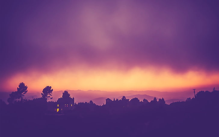 abstrakte Schwarzweiss-Malerei, Sonnenuntergang, Himmel, Lichter, Haus, HD-Hintergrundbild