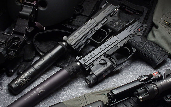 два черных полуавтоматических пистолета с глушителями, пистолет, Heckler и Koch, подавители, .45 ACP, оружие, Heckler и Koch USP, HD обои