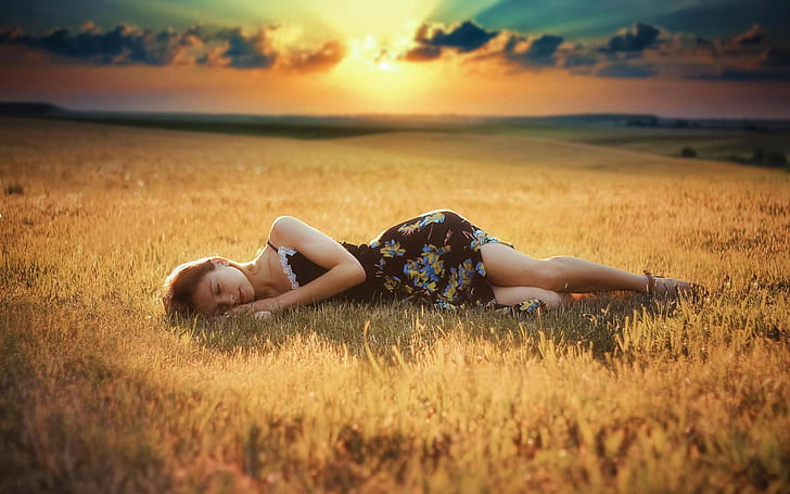 wanita, lapangan, gaun musim panas, berbaring, Wallpaper HD
