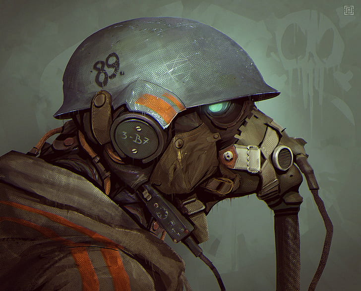 Gasmasken, Lederrüstung, Helm, Fantasiekunst, Rives Alexis, Soldat, HD-Hintergrundbild