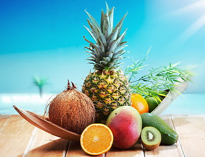 diverse frukter, frukt, ananas, kokosnöt, avokado, mango, kiwi, apelsin, HD tapet HD wallpaper