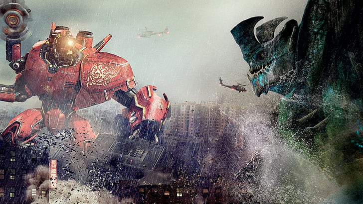 Pacific Rim, robots clash, godzilla illustration, Pacific, Rim, Robot, Clash, HD wallpaper