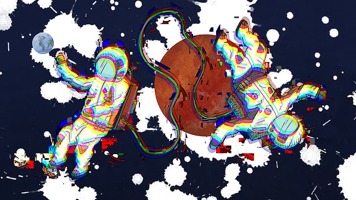 espacio, arte glitch, astronauta, tierra, explosión de color, Fondo de pantalla HD