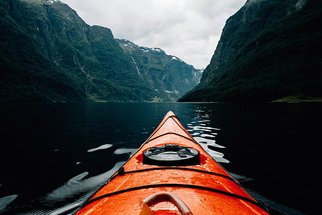 orange canoe, nature, canoes, mountains, water, kayaks, HD wallpaper HD wallpaper