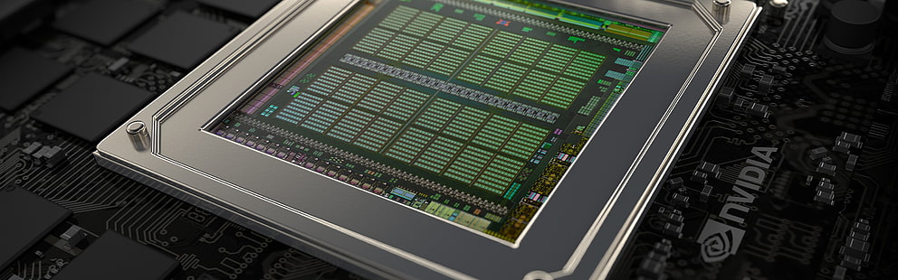 зелено-серый центральный процессор NVIDIA, Nvidia, графические процессоры, технологии, компьютерные игры, несколько дисплеев, видеокарта, два монитора, HD обои HD wallpaper