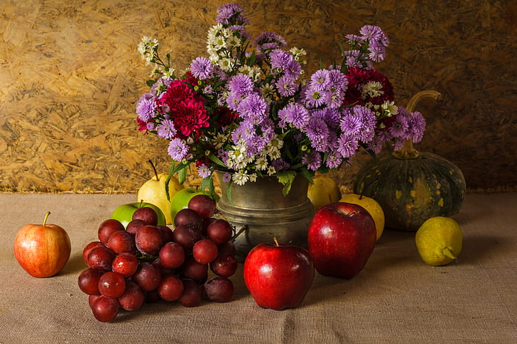 꽃, 사과, 꽃다발, 포도, 호박, 과일, 정물, 야채, 배, 야채, HD 배경 화면