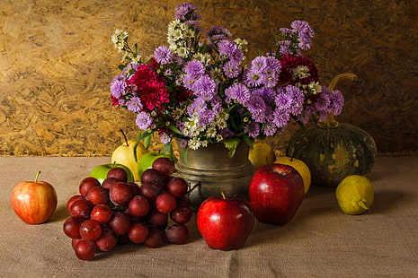 цветы, яблоки, букет, виноград, тыква, фрукты, натюрморт, овощи, груша, овощ, HD обои HD wallpaper
