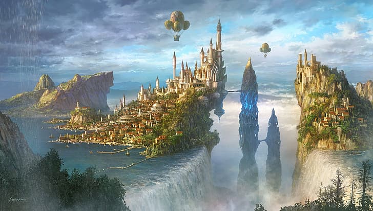 City, fantasy, river, sky, trees, landscape, water, mountains, clouds, rocks, houses, painting, castle, waterfalls, buildings, artwork, fantasy art, cityscape, hot air balloon, HD wallpaper