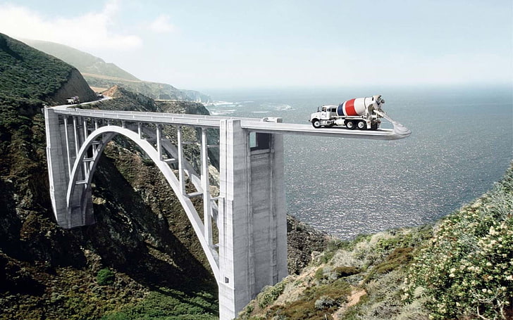 бял бетонен мост, дигитално изкуство, мост, превозно средство, камион, HD тапет