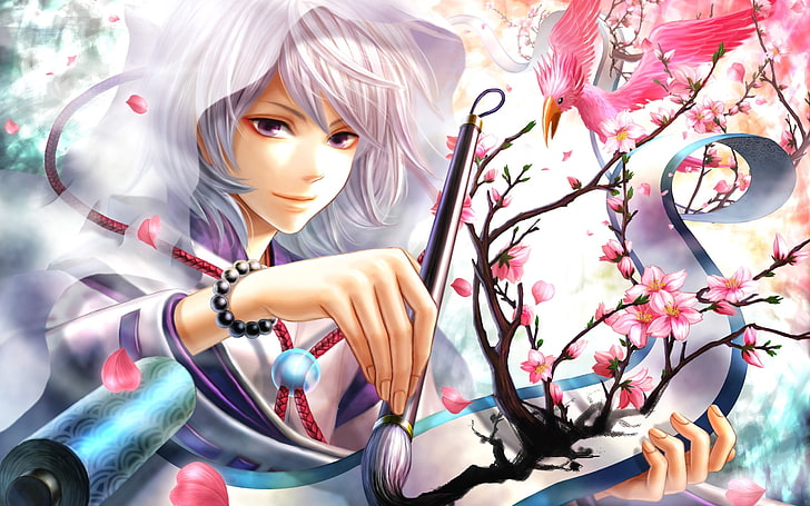 white haired anime character illustration, anime, girl, hood, brush, painting, drawing, art, HD wallpaper
