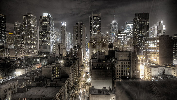 городской пейзаж цифровые обои, городской пейзаж, город, нью-йорк, цифровое искусство, сша, ночь, HDR, HD обои