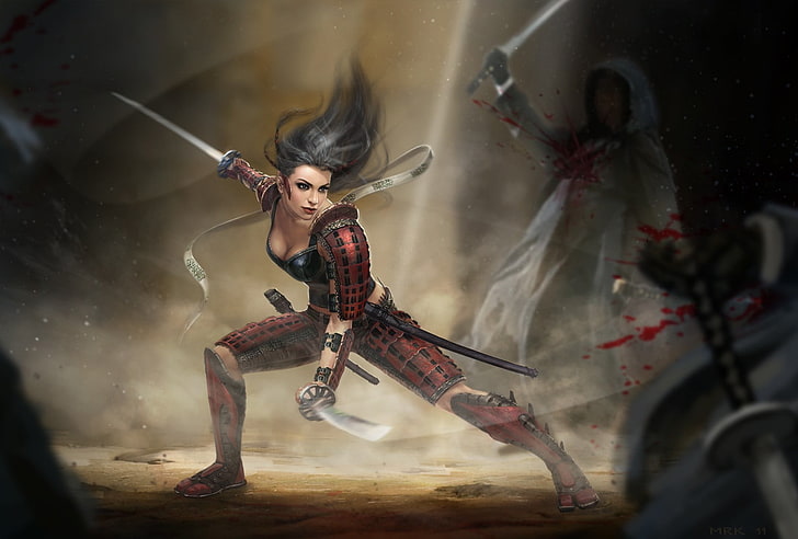 женщина, держащая меч цифровая иллюстрация, фэнтези арт, убийцы, HD обои