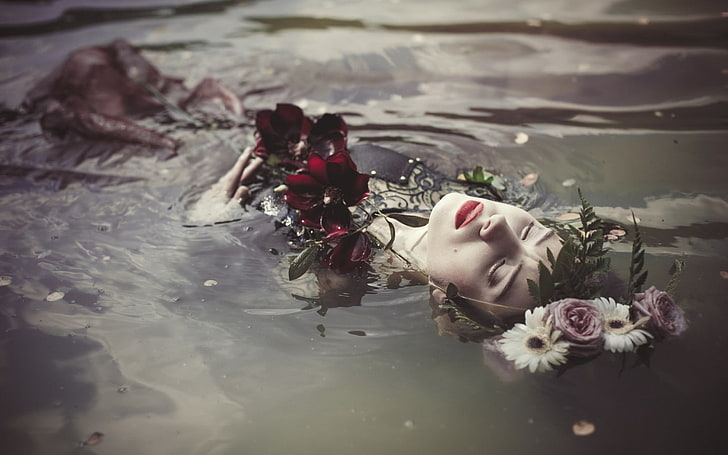 flowers, closed eyes, women, fantasy girl, water, women outdoors, wet body, face, model, HD wallpaper