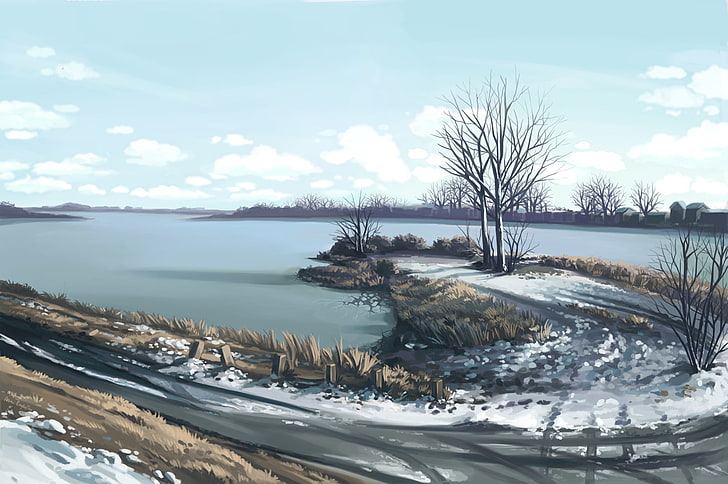 anime paisaje, invierno, nieve, lago, árbol, Anime, Fondo de pantalla HD