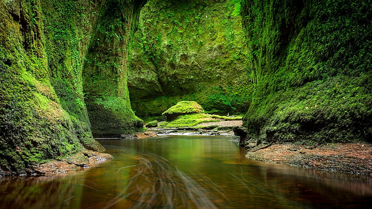 landmark cave, greens, stream, stones, rocks, moss, Scotland, Craighat, HD wallpaper