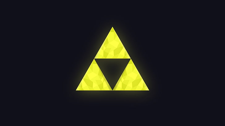Legend of Zelda - Triforce, żółto-czarne logo trójkąta, Aero, grafika wektorowa, edothekid, żółty, czarny, logo, trójkąt, kształty, ciemny, geometryczny, triforce, zelda, legenda, wektor, blask, świecący, Tapety HD